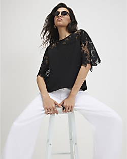 Black Cotton Cutwork Sleeve T-Shirt