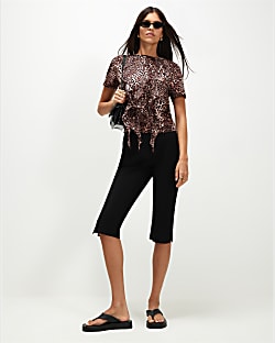 Brown Cotton Leopard Frill Top