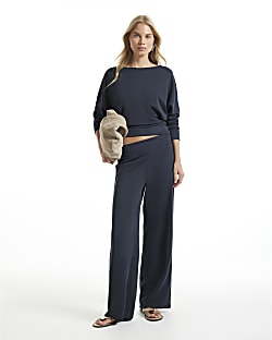 Navy Ribbed Soft Touch Trousers