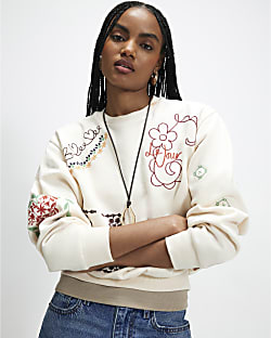 Cream Embroidered Patchwork Sweatshirt