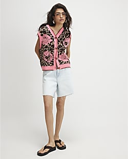 Pink Leopard Print Knitted Waistcoat
