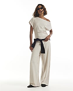Beige Pinstripe Asymmetric Drape Top