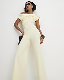 Yellow Short Sleeve Asymmetric Drape Jumpsuit