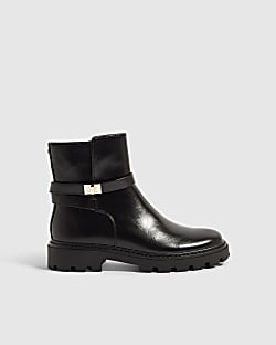 Black Faux Leather Lock Ankle Chunky Boots