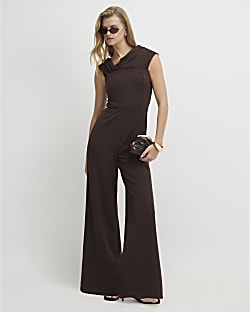 Brown Sleeveless Bardot Jumpsuit