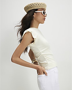 Cream Cotton Pleat Sleeve T-Shirt