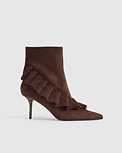 Brown Faux Suede Ruffle Side Boots