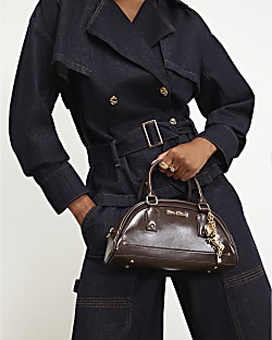 Brown Curved Charm Bowler Bag