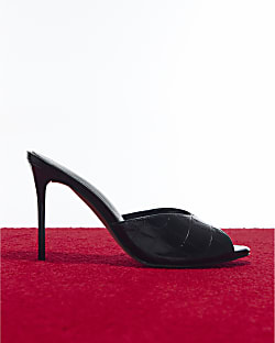 Black Croc Embossed Mule Heeled Sandal