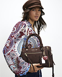 Brown Faux Suede Zip Panel Tote Bag