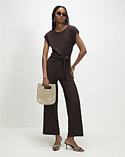 Brown Textured Tie Side Jumpsuit