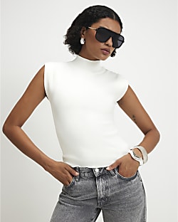 Cream High Neck Fitted Knit Top