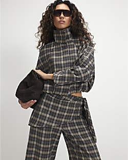 Green Check Funnel Neck Bomber Jacket