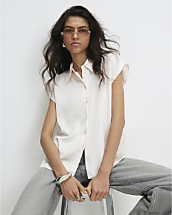 Cream Satin Short Sleeve Relaxed Shirt