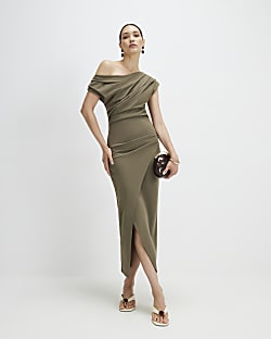 Khaki Drape Wrap Midi Dress