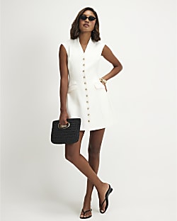Cream Short Sleeve Button Front Dress