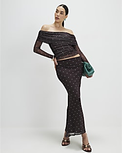 Brown Polka Dot Mesh Maxi Skirt