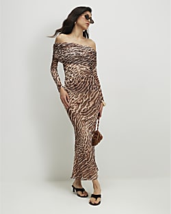 Beige Animal Print Mesh Maxi Skirt