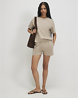 Beige Cotton T-Shirt And Shorts Set