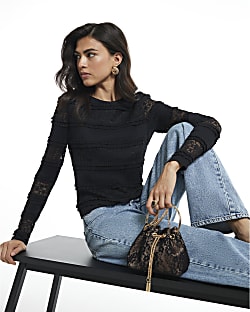 Black Ruffle Textured Lace Top