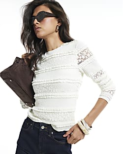 Cream Ruffle Textured Lace Top