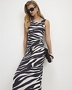 Cream Zebra Print Asymmetric Neck Midi Dress