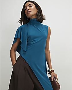 Blue High Neck Asymmetric Longline Top