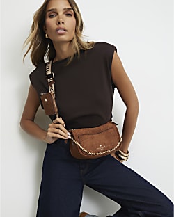 Brown Scooped Embossed Crossbody Bag