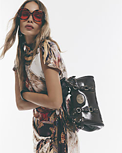 Brown Buckle Front Charm Tote Bag