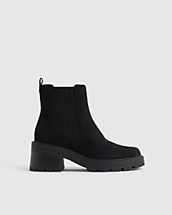 Black Faux Suede Cleated Sole Chelsea Boots