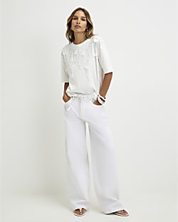 Cream Cotton Petal Embellished T-Shirt