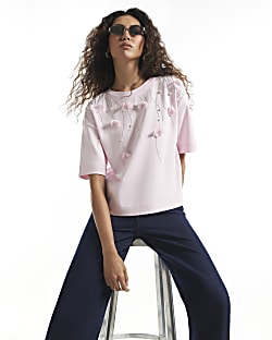 Pink Cotton Petal Embellished T-Shirt