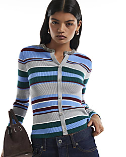 Blue Embellished Stripe Knit Top