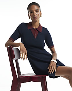 Navy Knit Blocked Polo Skater Dress