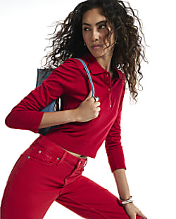 Red Knit Shoulder Pad Polo Top