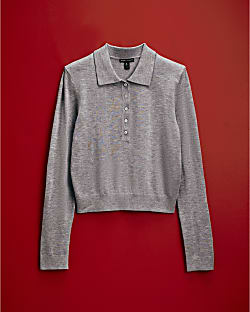 Grey Knit Shoulder Pad Polo Top