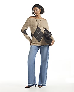 Beige Argyle Knit Bardot Jumper