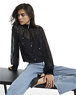 Black Embellished Sequin Tie Back Top