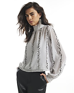 Silver Embellished Sequin Tie Back Top