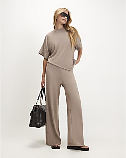 Beige Textured Wide Leg Trousers