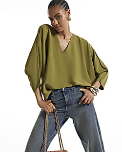 Khaki V Neck Batwing Top