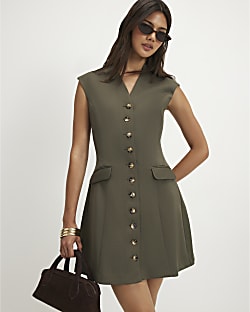 Khaki Short Sleeve Button Front Dress
