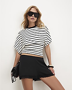 Cream Cotton Stripe Kimono Sleeve T-Shirt