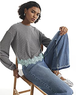 Grey Lace Hem Sweatshirt