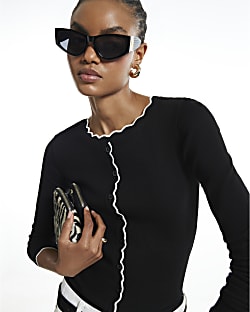 Black Scallop Trim Ribbed Cardigan