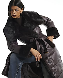 Brown Faux Fur Collar Padded Coat