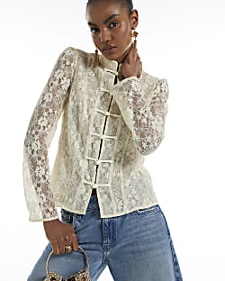 Cream Metallic Lace Frogging Top