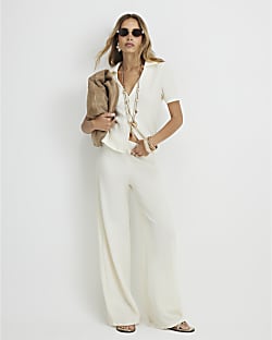 Cream Textured Wide Leg Trousers