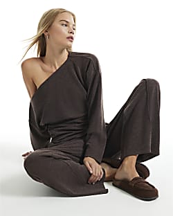 Brown Cosy Off The Shoulder Asymmetric Top