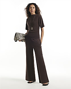 Brown Two Tone Wide Leg Trousers